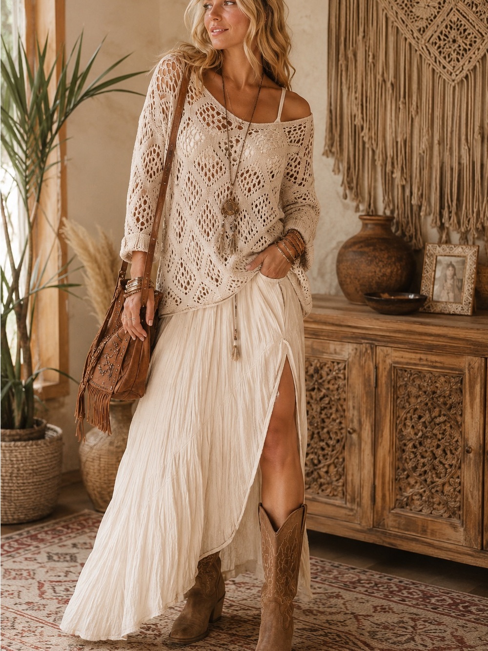 Source Unknown Cream Open-Knit Off-the-Shoulder Sweater size large boho